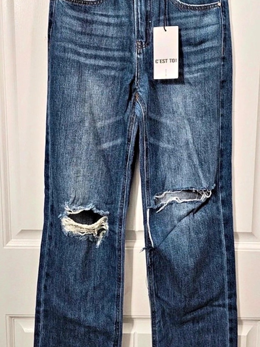 Risen Distressed Straight Leg Jeans in Blue